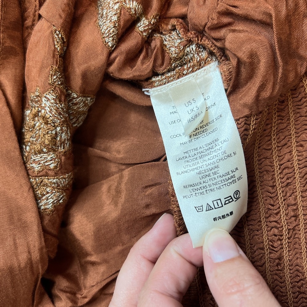 Free People Blouse Womens Small Brown Embroidered Puff Sleeve Boho Top Festival - Picture 5 of 11